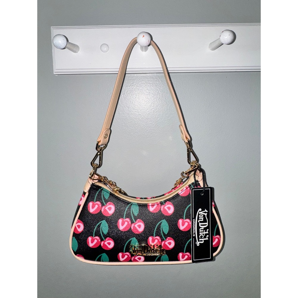 Von Dutch Cherry Heart Print Baguette Bag Black Pink Y2K Shoulder Bag New